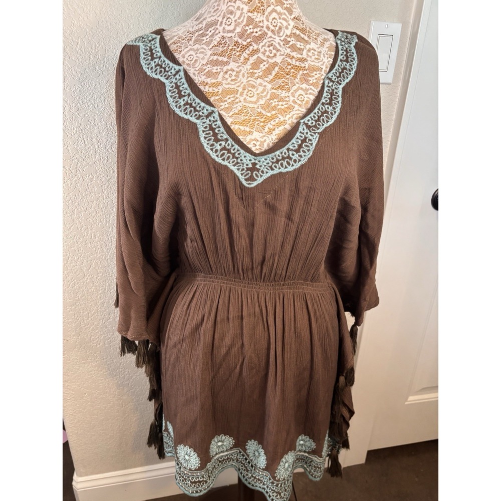 NWT Urban Mangoz Boho Embroidered Swim Coverup Mini Dress Brown Blue Tassel L